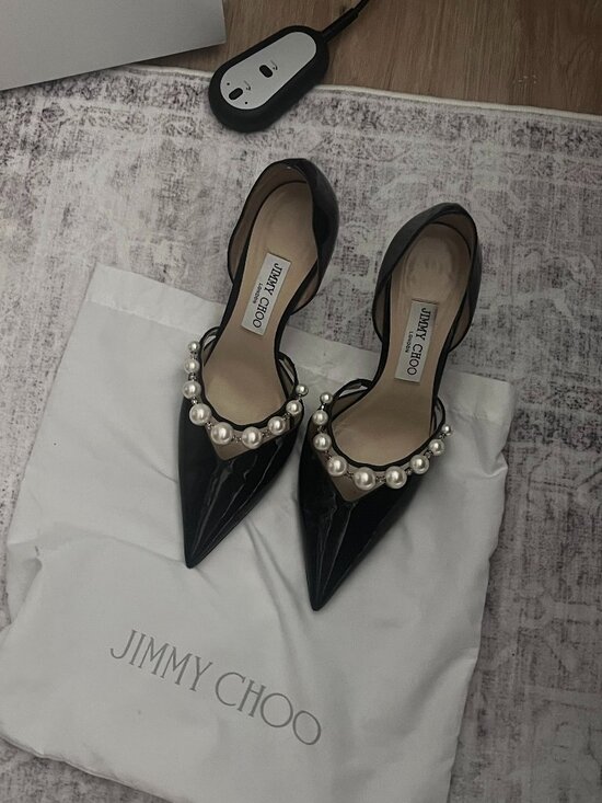 Jimmy Choo Shoes - Jimmy Choo Black Aurelie d'Orsay 85mm Pearl Patent Leather Pumps EU 39 / US 8.5